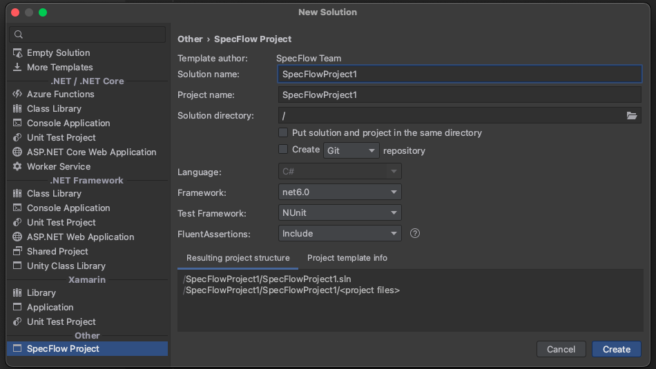 A screenshot of the new project modal in Rider with the 'SpecFlow project' option selected and a project name entered.