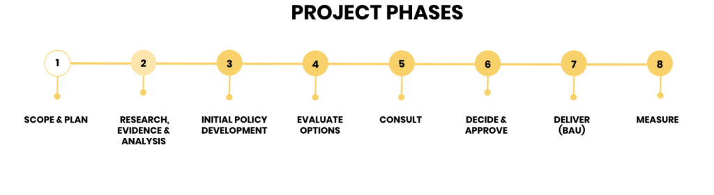 an image showing the 8 project phases, scope and plan, research and analysis, development, evaluation, consultation, approve, deliver, measure